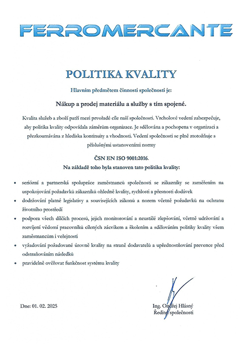 ISO 9001 - politika kvality