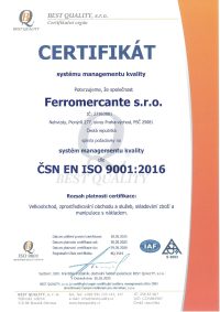 Certifikát 9001 - Ferromercante-CJ
